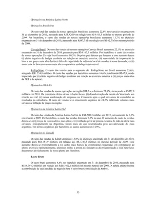 Operações na América Latina Norte

         Operações Brasileiras

         O custo total das vendas de nossas operações brasileiras aumentou 22,9% no exercício encerrado em
31 de dezembro de 2010, passando para R$5.420,9 em relação aos R$4.411,3 milhões no mesmo período de
2009. Por hectolitro, o custo das vendas de nossas operações brasileiras aumentou 11,7% no exercício
encerrado em 31 de dezembro de 2010, passando para R$47,7/hl em relação aos R$42,7/hl no mesmo período
de 2009.

          Cerveja Brasil. O custo das vendas de nossas operações Cerveja Brasil aumentou 22,1% no exercício
encerrado em 31 de dezembro de 2010, passando para R$4.167,3 milhões. Por hectolitro, o custo das vendas
de nossas operações Cerveja Brasil aumentou 10,3%. Os principais fatores que levaram a esse aumento foram
(i) efeito negativo de hedges cambiais em relação ao exercício anterior; (ii) necessidade de importação de
latas a um preço mais alto devido à falta de capacidade da indústria local de atender à nossa demanda; e (iii)
maior mix de latas com custo mais alto comparado a embalagem retornável.

         RefrigeNanc. O custo das vendas para o segmento de RefrigeNanc no Brasil aumentou 25,6%,
atingindo R$1.254,8 milhões. O custo das vendas por hectolitro aumentou 16,6%, totalizando R$42,9, sendo
impactado por (i) efeito negativo de hedges cambiais em relação ao exercício anterior e (ii) preços mais altos
da PET e do açúcar;.

         Operações HILA-Ex

         O custo das vendas de nossas operações na região HILA-ex diminuiu 23,8%, alcançando a R$372,9
milhões em 2010. Os principais efeitos dessa redução foram: (i) desvalorização da moeda da Venezuela em
relação ao real; (ii) nossa combinação de empresas na Venezuela após a qual deixamos de consolidar os
resultados da subsidiária. O custo de vendas teve crescimento orgânico de 24,2% refletindo volumes mais
elevados e inflação de preços na região.

         Operações na América Latina Sul

         O custo das vendas da América Latina Sul foi de R$1.500,3 milhões em 2010, um aumento de 0,6%
em relação a 2009. Por hectolitro, o custo das vendas diminuiu 0,9% no ano. O aumento do custo de vendas
deveu-se a (i) preços de commodities mais altos; e (ii) inflação geral de preços e custos de mão-de-obra mais
elevados, principalmente na Argentina, foram mais do que neutralizados pela desvalorização do peso
argentino. Em termos orgânicos por hectolitro, os custos aumentaram 14,9%..

         Operações no Canadá

         O custo das vendas da Labatt diminuiu 13,8% no exercício encerrado em 31 de dezembro de 2010,
passando para R$1.154,9 milhões em relação aos R$1.340,3 milhões no mesmo período de 2009. Esse
aumento deveu-se principalmente a (i) custos mais baixos de commodities hedgeadas em comparação ao
último exercício (principalmente, alumínio, milho e arroz); (ii) iniciativas de produtividade; e (iii) benefícios
decorrentes do fechamento de nossa planta em Hamilton.

         Lucro Bruto

         O lucro bruto aumentou 8,6% no exercício encerrado em 31 de dezembro de 2010, passando para
R$16.784,3 milhões em relação aos R$15.462,1 milhões no mesmo período em 2009. A tabela abaixo mostra
a contribuição de cada unidade de negócio para o lucro bruto consolidado da Ambev.




                                                       55
 