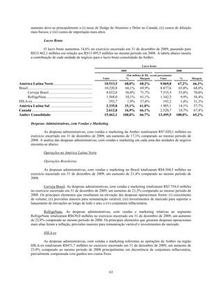aumento deve-se principalmente a (i) taxas de Hedge de Alumínio e Dólar no Canadá; (ii) custos de diluição
            mais baixos; e (iii) custos de importação mais altos.

                         Lucro Bruto

                     O lucro bruto aumentou 14,6% no exercício encerrado em 31 de dezembro de 2009, passando para
            R$15.462,1 milhões em relação aos R$13.495,5 milhões no mesmo período em 2008. A tabela abaixo mostra
            a contribuição de cada unidade de negócio para o lucro bruto consolidado da Ambev.

                                                                                                                             Lucro bruto
                                                                                                          2009                                          2008
                                                                                                               (Em milhões de R$, exceto percentuais)
                                                                                       Valor                   %         Margem            Valor          %      Margem

América Latina Norte ......................................................................................
                                                                                          10.513,5              68,0%       68,2%           9.069,8      67,2%   66,3%
Brasil ..................................................................................................................
                                                                                          10.220,8               66,1%      69,9%           8.877,6      65,8%   68,0%
      Cerveja Brasil ...........................................................................................
                                                                                            8.652,8              56,0%      71,7%           7.535,3      55,8%   70,0%
      RefrigeNanc ..............................................................................................
                                                                                            1.568,0              10,1%      61,1%           1.342,3       9,9%   58,4%
HILA-ex .............................................................................................................
                                                                                               292,7               1,9%     37,4%             192,2       1,4%   31,3%
América Latina Sul ..........................................................................................
                                                                                            2.335,8             15,1%       61,0%           1.905,1      14,1%   57,7%
Canadá ..............................................................................................................
                                                                                            2.612,8             16,9%       66,1%           2.520,7      18,7%   67,4%
Ambev Consolidado                                                                         15.462,1            100,0%        66,7%          13.495,5     100,0%   65,2%

            Despesas Administrativas, com Vendas e Marketing

                     As despesas administrativas, com vendas e marketing da Ambev totalizaram R$7.020,1 milhões no
            exercício encerrado em 31 de dezembro de 2009, um aumento de 17,1% comparado ao mesmo período de
            2008. A análise das despesas administrativas, com vendas e marketing em cada uma das unidades de negócio
            encontra-se abaixo.

                         Operações na América Latina Norte

                         Operações Brasileiras

                     As despesas administrativas, com vendas e marketing no Brasil totalizaram R$4.384,5 milhões no
            exercício encerrado em 31 de dezembro de 2009, um aumento de 21,4% comparado ao mesmo período de
            2008.

                     Cerveja Brasil. As despesas administrativas, com vendas e marketing totalizaram R$3.754,4 milhões
            no exercício encerrado em 31 de dezembro de 2009, um aumento de 21,3% comparado ao mesmo período de
            2008. Os principais elementos que resultaram na elevação das despesas operacionais foram: (i) crescimento
            de volume; (ii) provisões maiores para remuneração variável; (iii) investimentos de mercado para suportar o
            lançamento de inovações ao longo de todo o ano; e (iv) conjuntura inflacionária.

                     RefrigeNanc. As despesas administrativas, com vendas e marketing relativas ao segmento
            RefrigeNanc totalizaram R$630,0 milhões no exercício encerrado em 31 de dezembro de 2009, um aumento
            de 22,0% comparado ao mesmo período de 2008. Os principais elementos que geraram despesas operacionais
            mais altas foram a inflação, provisões maiores para remuneração variável e investimentos do mercado.

                         HILA-ex

                    As despesas administrativas, com vendas e marketing referentes às operações da Ambev na região
            HILA-ex totalizaram R$471,7 milhões no exercício encerrado em 31 de dezembro de 2009, um aumento de
            23,0% comparado ao mesmo período de 2008 principalmente em decorrência da conjuntura inflacionária,
            parcialmente compensada com ganhos nos custos fixos.




                                                                                              63
 