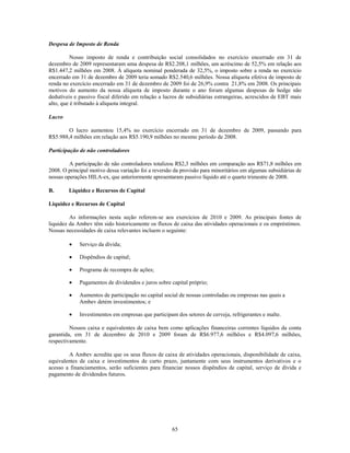 Despesa de Imposto de Renda

          Nosso imposto de renda e contribuição social consolidados no exercício encerrado em 31 de
dezembro de 2009 representaram uma despesa de R$2.208,1 milhões, um acréscimo de 52,5% em relação aos
R$1.447,2 milhões em 2008. À alíquota nominal ponderada de 32,5%, o imposto sobre a renda no exercício
encerrado em 31 de dezembro de 2009 teria somado R$2.540,6 milhões. Nossa alíquota efetiva de imposto de
renda no exercício encerrado em 31 de dezembro de 2009 foi de 26,9% contra 21,8% em 2008. Os principais
motivos do aumento da nossa alíquota de imposto durante o ano foram algumas despesas de hedge não
dedutíveis e passivo fiscal diferido em relação a lucros de subsidiárias estrangeiras, acrescidos de EBT mais
alto, que é tributado à alíquota integral.

Lucro

        O lucro aumentou 15,4% no exercício encerrado em 31 de dezembro de 2009, passando para
R$5.988,4 milhões em relação aos R$5.190,9 milhões no mesmo período de 2008.

Participação de não controladores

         A participação de não controladores totalizou R$2,3 milhões em comparação aos R$71,8 milhões em
2008. O principal motivo dessa variação foi a reversão da provisão para minoritários em algumas subsidiárias de
nossas operações HILA-ex, que anteriormente apresentaram passivo líquido até o quarto trimestre de 2008.

B.      Liquidez e Recursos de Capital

Liquidez e Recursos de Capital

         As informações nesta seção referem-se aos exercícios de 2010 e 2009. As principais fontes de
liquidez da Ambev têm sido historicamente os fluxos de caixa das atividades operacionais e os empréstimos.
Nossas necessidades de caixa relevantes incluem o seguinte:

             Serviço da dívida;

             Dispêndios de capital;

             Programa de recompra de ações;

             Pagamentos de dividendos e juros sobre capital próprio;

             Aumentos de participação no capital social de nossas controladas ou empresas nas quais a
             Ambev detém investimentos; e

             Investimentos em empresas que participam dos setores de cerveja, refrigerantes e malte.

         Nossos caixa e equivalentes de caixa bem como aplicações financeiras correntes líquidos da conta
garantida, em 31 de dezembro de 2010 e 2009 foram de R$6.977,6 milhões e R$4.097,6 milhões,
respectivamente.

        A Ambev acredita que os seus fluxos de caixa de atividades operacionais, disponibilidade de caixa,
equivalentes de caixa e investimentos de curto prazo, juntamente com seus instrumentos derivativos e o
acesso a financiamentos, serão suficientes para financiar nossos dispêndios de capital, serviço de dívida e
pagamento de dividendos futuros.




                                                      65
 