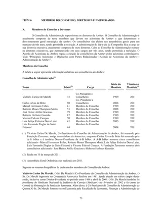 ITEM 6.          MEMBROS DO CONSELHO, DIRETORES E EMPREGADOS


A.      Membros do Conselho e Diretores

         O Conselho de Administração supervisiona os diretores da Ambev. O Conselho de Administração é
atualmente composto de nove membros que devem ser acionistas da Ambev e que determinam o
direcionamento geral estratégico da Ambev. Os conselheiros são eleitos nas assembleias gerais para um
mandato de três anos, sendo permitida a reeleição. A administração do dia-a-dia da Companhia fica a cargo de
sua diretoria executiva, atualmente composta de onze diretores. Cabe ao Conselho de Administração nomear
os diretores executivos, que permanecerão em seus cargos por três anos, sendo permitida a reeleição. O
Acordo de Acionistas da Ambev regula a eleição de conselheiros da Ambev pelos acionistas controladores.
Vide ―Principais Acionistas e Operações com Partes Relacionadas—Acordo de Acionistas da Ambev—
Administração da Ambev‖.

Membros do Conselho

A tabela a seguir apresenta informações relativas aos conselheiros da Ambev:

Conselho de Administração(1)

                                                                                 Início do      Término o
Nome                                  Idade(2)             Cargo                 Mandato        Mandato(3)

                                                 Co-Presidente e
Victório Carlos De Marchi                72      Conselheiro                       1999            2011
                                                 Co- Presidente e
Carlos Alves de Brito                    50      Conselheiro                       2006            2011
Marcel Herrmann Telles                   61      Membro do Conselho                1999            2011
Roberto Moses Thompson Motta             53      Membro do Conselho                2008            2011
José Heitor Attilio Gracioso             79      Membro do Conselho                1999            2011
Roberto Herbster Gusmão                  87      Membro do Conselho                1999            2011
Vicente Falconi Campos                   70      Membro do Conselho                1999            2011
Luis Felipe Pedreira Dutra Leite         45      Membro do Conselho                2005            2011
Luiz Fernando Ziegler de Saint                   Membro do Conselho
Edmond                                   44                                        2008            2011

(1) Victório Carlos De Marchi, Co-Presidente do Conselho de Administração da Ambev, foi nomeado pela
    Fundação Zerrenner, antiga controladora da Antarctica, enquanto Carlos Alves de Brito foi nomeado pela
    A-B InBev e é também Diretor-Presidente da A-B InBev. A A-B InBev nomeou cinco conselheiros
    adicionais - Marcel Herrmann Telles, Roberto Moses Thompson Motta, Luis Felipe Pedreira Dutra Leite,
    Luiz Fernando Ziegler de Saint Edmond e Vicente Falconi Campos. A Fundação Zerrenner nomeou dois
    conselheiros adicionais - José Heitor Attílio Gracioso e Roberto Herbster Gusmão.

(2) Idade em 31 de março de 2011.

(3) Assembleia Geral Ordinária a ser realizada em 2011.

Seguem os resumos biográficos de cada um dos membros do Conselho da Ambev:

Victório Carlos De Marchi. O Sr. De Marchi é Co-Presidente do Conselho de Administração da Ambev. O
Sr. De Marchi ingressou na Companhia Antarctica Paulista em 1961, tendo atuado em vários cargos desde
então, inclusive como Diretor-Presidente no período entre 1998 e abril de 2000. O Sr. De Marchi também foi
presidente do Sindicato Nacional da Indústria de Cerveja (Sindicerv) até fevereiro de 2002 e faz parte do
Comitê de Orientação da Fundação Zerrenner. Além disso, é Co-Presidente do Conselho de Administração da
Quinsa. O Sr. De Marchi formou-se em Economia pela Faculdade de Economia, Finanças e Administração de


                                                    73
 