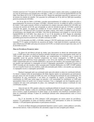 tornarão exercíveis em 1º de janeiro de 2019. O exercício da opção é sujeito, entre outras, à condição de que
um teste de performance seja atingido pela A-B InBev, a saber, se a taxa de dívida líquida/EBITDA da A-B
InBev ficar abaixo de 2,5 em 31 de dezembro de 2013. Regras de caducidade específicas se aplicam no caso
de término de relações de trabalho. Tal concessão foi confirmada em 28 de abril de 2009 pela assembleia
geral de acionistas da A-B InBev.
      Em 30 de abril de 2009 a A-B InBev concedeu aproximadamente 4,9 milhões de opções de ações a
aproximadamente 50 executivos do grupo A-B InBev, incluindo cerca de 1,8 milhão de opções a executivos
da Ambev. Cada opção concede o direito ao beneficiário de comprar uma ação ordinária da A-B InBev por
um preço de exercício de €21,94, que corresponde ao valor de mercado da ação da A-B InBev quando da
concessão das opções. As opções têm validade de 10 anos contados da data da outorga, e se tornarão
exercíveis em 1º de janeiro de 2014. O exercício da opção é sujeito, entre outras, à condição de que um teste
de performance seja atingido pela A-B InBev. Este teste de performance será atingido se a taxa de dívida
líquida/EBITDA da A-B InBev ficar abaixo de 2,5 em 31 de dezembro de 2013. Regras de caducidade
específicas se aplicam no caso de término de relações de trabalho. Tal concessão foi autorizada pela
assembléia geral anual de acionistas da A-B InBev realizada em 2009.
       Em 18 de dezembro de 2009, a A-B InBev outorgou 1.582.592 opções para executivos da A-B InBev,
incluindo 97.711 opções em benefício de executivos da Ambev. Cada opção dá direito à aquisição de uma
ação ordinária da A-B InBev pelo preço de exercício de €35,90 e se tornará exercível após cinco anos, em 18
de dezembro de 2014.

Plano de Previdência Privada da Ambev

        Os planos de previdência privada da Ambev para funcionários no Brasil são administrados pelo
IAPP. O IAPP opera tanto um plano de benefício definido (fechado para novos participantes desde maio de
1998) quanto um plano de contribuição definida, que complementam os benefícios que o sistema de
seguridade social do governo brasileiro proporciona aos nossos empregados. O IAPP foi criado
exclusivamente para beneficiar nossos empregados e seus ativos são mantidos de forma independente. O
IAPP é administrado pelo seu Conselho Deliberativo, que possui três membros, dois nomeados pela Ambev e
um membro que representa os empregados na ativa e empregados aposentados. A Diretoria Executiva do
IAPP é formada por três membros, todos nomeados pelo Conselho Deliberativo do IAPP. O IAPP também
tem um Conselho Fiscal com três membros, sendo dois nomeados pela Ambev e um membro que representa
os empregados na ativa e empregados aposentados.

         Qualquer empregado após sua contratação pode optar pela adesão ao plano de contribuição definida.
Ao deixar a empresa (antes da aposentadoria) são dadas algumas opções aos participantes que participarem
por pelo menos três anos do plano do IAPP, tais como: (a) obtenção da restituição de suas contribuições, (b)
transferência de suas contribuições a um banco ou companhia de seguros, (c) manutenção de suas
contribuições no IAPP para serem pagas em parcelas e (d) continuidade da contribuição ao IAPP para
aposentadoria futura de acordo com os termos existentes. Caso o empregado saia da Companhia antes de
completar três anos como participante do plano, esse empregado terá direito apenas à restituição de suas
contribuições ao plano.

         Antes de maio de 1998, quando o plano de contribuição definida foi lançado, havia apenas o plano de
benefício definido. Quando o plano de contribuição definida foi adotado pela Companhia, os participantes
ativos tiveram a opção de permanecer no plano antigo, ou de transferir seus benefícios acumulados para o
plano de contribuição definida. O plano de contribuição definida cobre substancialmente todos os novos
empregados.

         Em 31 de dezembro de 2010, tínhamos 4.202 participantes em nossos planos de previdência,
inclusive 775 participantes no plano de benefício definido, 3.427 participantes no plano de contribuição
definida e 1.250 participantes aposentados ou participantes assistidos.

        Os ativos do Plano abrangem principalmente depósitos a prazo e ações (, títulos públicos e privados,
além de bens imóveis. Todos os benefícios são calculados e pagos em reais corrigidos pela inflação.




                                                     80
 
