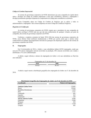Código de Conduta Empresarial

        As normas de governança corporativa da NYSE determinam que uma companhia de capital aberto
adote e divulgue um código de conduta empresarial e ética para conselheiros, diretores e empregados e
divulgue prontamente quaisquer dispensas de cumprimento do código para conselheiros ou diretores.

        Nossa Companhia adota um Código de Conduta de Negócios que se aplica a todos os
administradores e empregados. Não existem dispensas em nosso Código de Conduta de Negócios.

Requisitos de Certificação

         As normas de governança corporativa da NYSE exigem que o presidente de uma companhia de
capital aberto certifique à NYSE todo ano que não tem conhecimento de qualquer violação, por parte da
companhia, das normas de governança corporativa da NYSE.

        Conforme a exigência constante da Seção 303A.12(b) das normas de governança corporativa da
NYSE, nosso Diretor Geral notificará imediatamente a NYSE por escrito assim que o mesmo tomar
conhecimento de qualquer descumprimento relevante de quaisquer das disposições aplicáveis das normas de
governança corporativa da NYSE.

D.      Empregados

         Em 31 de dezembro de 2010, a Ambev e suas subsidiárias tinham 44.924 empregados, sendo que
cerca de 53% desses empregados estavam envolvidos na produção, 44% estavam envolvidos com vendas e
distribuição e 3% com a administração.

         A tabela a seguir informa o número de empregados da Ambev e de suas subsidiárias ao final dos
anos indicados:

                                  Empregados em 31 de dezembro de
                                   2010                         2009
                                  44.924                       40.787


        A tabela a seguir mostra a distribuição geográfica dos empregados da Ambev em 31 de dezembro de
2010:




            Distribuição Geográfica dos Empregados da Ambev em 31 de dezembro de 2010
        Localização                                                 Número de Empregados

        América Latina Norte                                                                32.097
        Brasil                                                                              28.064
        República Dominicana                                                                 1.655
        Peru                                                                                 1.327
        Venezuela                                                                              641
        Equador                                                                                263
        Guatemala                                                                              147
        Sul da América Latina                                                                8.040
        Argentina                                                                            5.046
        Paraguai                                                                               664
        Bolívia                                                                              1.310
        Uruguai                                                                                602



                                                  85
 