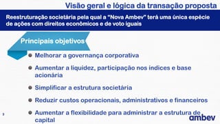 Visão geral e lógica da transação proposta
    Reestruturação societária pela qual a “Nova Ambev” terá uma única espécie
    de ações com direitos econômicos e de voto iguais


         Principais objetivos

              Melhorar a governança corporativa

              Aumentar a liquidez, participação nos índices e base
              acionária

              Simplificar a estrutura societária

              Reduzir custos operacionais, administrativos e financeiros

3             Aumentar a flexibilidade para administrar a estrutura de
              capital
 