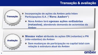 Transação & avaliação


                Incorporação de ações da Ambev pela Inbev
    Transação   Participações S.A. (“Nova Ambev”)
                  Nova Ambev terá apenas ações ordinárias
                  (votantes), atendendo demanda de acionistas da
                  Ambev


                Mesmo valor atribuído às ações ON (votantes) e PN
    Avaliação   (não-votantes) da Ambev
                  Sem mudanças de participação no capital total com
                  relação à estrutura atual da Ambev

4
 