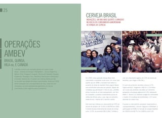25
                                                                                       cerVeja braSil
                                                                                        iNoVaçõeS, um aNo maiS queNte e diNheiro
                                                                                        No bolSo do coNSumidor aumeNtaram
                                                                                        aS VeNdaS de cerVeja


                                                                                                                                                                                          Carnaval da Brahma




operaçõeS
ambeV
braSil, quiNSa,
hila-ex, e caNadá
                                                                             Bar de gelo da Antarctica Sub Zero
       A AmBev conduz suas operações globais em quatro zonas:
       Brasil – dividido em Cerveja e RefrigeNanc -, Quinsa (Argentina,
       Bolívia, Chile ,Paraguai e Uruguai), HiLA-ex (El Salvador, Equador,
       Guatemala, Nicarágua, Peru, República Dominicana e Venezuela)
                                                                                      Em 2009, nossa operação Cerveja Brasil teve           com um crescimento orgânico de 2,4% da receita por
       e Canadá. Estamos em 14 países com marcas líderes que vão
                                                                                      crescimento e resultados muito bons. Um clima mais    hectolitro, que chegou a R$158,2.
       ao encontro dos desejos de nossos consumidores. Ainda que 2009
                                                                                      quente que em 2008, o Carnaval mais tarde e o
       tenha começado com uma expectativa de crise, nosso foco em
                                                                                      aumento da renda do brasileiro foram alguns fatores   O custo dos produtos vendidos cresceu 6,7%
       inovações e um bom planejamento garantiram um ano de
                                                                                      que contribuíram para esse ano positivo. Apesar das   organicamente, chegando a R$3.411,9 milhões.
       crescimento e bons negócios para a Companhia.
                                                                                      incertezas que permearam o início do ano, a AmBev     Já o custo dos produtos vendidos por hectolitro
                                                                                      entrou munida de um bom planejamento, com foco        apresentou uma queda orgânica de 2,9%, totalizando
                                                                                      em inovações, e acelerou investimentos acima da       R$44,7, devido a (i) melhores hedges de commodities
                                                                                      média dos últimos anos, o que, logo nos primeiros     e moeda; (ii) iniciativas de produtividade, e (iii) menor
                                                                                      meses do ano, mostrou ser o caminho correto.          absorção de custos fixos.


                                                                                      Com tudo isso, tivemos um crescimento de 9,9% em      A queda no custo permitiu aumentar investimentos e,
                                                                                      volume de vendas e de 10,9% no EBiTDA em 2009.        consequentemente, o volume. Segundo a ACNielsen, a
                                                                                      A receita líquida proveniente das vendas de cerveja   participação da AmBev no mercado de cervejas brasileiro
                                                                                      subiu 12,5%, acumulando R$12.064,7 milhões e          em 2009 foi de 68,7%. Em 2008 foi de 67,5%.
 