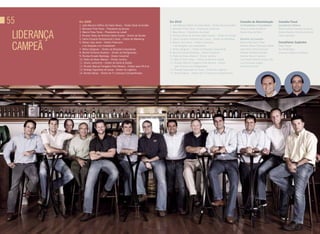 55           Em 2009
             1. João Maurício Giffoni de Castro Neves – Diretor Geral da AmBev
                                                                                 Em 2010
                                                                                 1. João Maurício Giffoni de Castro Neves – Diretor Geral da AmBev
                                                                                                                                                     Conselho de administração
                                                                                                                                                     Co-Presidentes e Conselheiros
                                                                                                                                                                                        Conselho Fiscal
                                                                                                                                                                                        Conselheiros Efetivos
             2. Bernardo Pinto Paiva – Presidente da Quinsa                      2. Bernardo Pinto Paiva – Presidente da Quinsa                      Victório Carlos de Marchi          Álvaro Antônio Cardoso de Souza


 lideraNça   3. Marcio Fróes Torres – Presidente da Labatt
             4. Ricardo Tadeu de Almeida Cabral Soares – Diretor de Vendas
             5. Carlos Eduardo Klützenschell Lisboa – Diretor de Marketing
                                                                                 3. Bary Benun – Presidente da Labatt
                                                                                 4. Ricardo Tadeu de Almeida Cabral Soares – Diretor de Vendas
                                                                                 5. Carlos Eduardo Klützenschell Lisboa – Diretor de Marketing
                                                                                                                                                     Carlos Alves de Brito

                                                                                                                                                     Membros do Conselho
                                                                                                                                                                                        Aloísio Macário Ferreira de Souza
                                                                                                                                                                                        Celso Jacometti




 campeã
             6. Nelson José Jamel – Diretor Financeiro                           6. Nelson José Jamel – Diretor Financeiro                           Marcel Herrmann Telles             Conselheiros Suplentes
                e de Relações com investidores                                      e de Relações com investidores                                   Roberto Moses Thompson Motta       Adair Tieppo
             7. Milton Seligman – Diretor de Relações Corporativas               7. Milton Seligman – Diretor de Relações Corporativas               José Heitor Attilio Gracioso       Ary Waddington
             8. Michel Dimitrios Doukeris – Diretor de Refrigerantes             8. Nicolas Ernesto Bamberg – Diretor industrial                     Roberto Herbster Gusmão            Emanuel Sotelino Schifferle
             9. Nicolas Ernesto Bamberg – Diretor industrial                     9. Pedro de Abreu Mariani – Diretor Jurídico                        Vicente Falconi Campos
             10. Pedro de Abreu Mariani – Diretor Jurídico                       10. Márcio Fróes Torres – Diretor de Gente & Gestão                 Luis Felipe Pedreira Dutra Leite
             11. Olivier Lambrecht – Diretor de Gente & Gestão                   11. Ricardo Manuel Frangatos Pires Moreira – Diretor                Luiz Fernando Ziegler
             12. Ricardo Manuel Frangatos Pires Moreira – Diretor para HiLA-ex       para HiLA-ex e de Refrigerantes                                 de Saint Edmond
             13. Rodrigo Figueiredo de Souza – Diretor de Logística              12. Rodrigo Figueiredo de Souza – Diretor de Logística
             14. Renato Nahas – Diretor de Ti e Serviços Compartilhados          13. Renato Nahas – Diretor de Ti e Serviços Compartilhados
 
