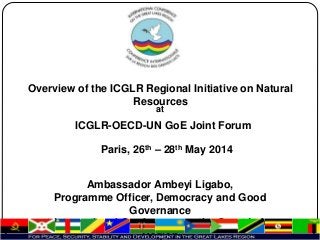 Overview of the ICGLR Regional Initiative on Natural
Resources
at
ICGLR-OECD-UN GoE Joint Forum
Paris, 26th – 28th May 2014
Ambassador Ambeyi Ligabo,
Programme Officer, Democracy and Good
Governance
at International Conference on the Great Lakes
Region
 