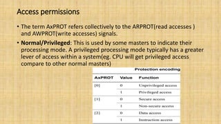Access permissions
• The term AxPROT refers collectively to the ARPROT(read accesses )
and AWPROT(write accesses) signals.
• Normal/Privileged: This is used by some masters to indicate their
processing mode. A privileged processing mode typically has a greater
lever of access within a system(eg. CPU will get privileged access
compare to other normal masters)
 