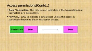 Access permissions(Contd..)
• Data / Instruction: This bit gives an indication if the transaction is an
instruction or a data access.
• AxPROT[2] LOW to indicate a data access unless the access is
specifically known to be an instruction access.
 