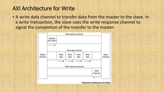 AXI Architecture for Write
• A write data channel to transfer data from the master to the slave. In
a write transaction, the slave uses the write response channel to
signal the completion of the transfer to the master.
 
