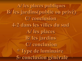 A/ les places publiquesA/ les places publiques
B/ les jardins(public ou privé)B/ les jardins(public ou privé)
C/ conclusionC/ conclusion
4-2 dans les villes du sud4-2 dans les villes du sud
A/ les placesA/ les places
B/ les jardinsB/ les jardins
C/ conclusionC/ conclusion
* Type de luminaire* Type de luminaire
5- conclusion générale5- conclusion générale
 