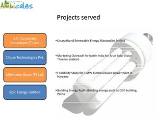 Projects served

    S.R. Corporate         • Uttarakhand Renewable Energy Masterplan Project
  Consultant (P) Ltd.


                           • Marketing Outreach for North India for Arun Solar (Solar
Clique Technologies Pvt.     Thermal system)



                           • Feasibility Study for 1 MW biomass based power plant in
Milestone Gears (P) Ltd.     Haryana



                           • Building Energy Audit; Building energy audit at CISF building,
  Epic Energy Limited        Patna
 