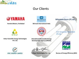 Our Clients

                                                                        Milestone Gears (P) Ltd.

     Yamaha Motors, Faridabad           Winrock International India




                                                                         S.R. Corporate Consultant
                                                                         (P) Ltd.

Ankur Scientific Energy Technologies   Uttarakhand Renewable Energy
              Pvt. Ltd.                Development Agency (UREDA)




                                        Clique Technologies Pvt. Ltd.   Bureau of Energy Efficiency (BEE)
 