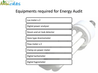 Equipments required for Energy Audit
      Lux meter x 2

      Digital power analyser

      Steam and air leak detector

      Vane type Anemometer

      Flow meter x 2

      Clamp-on power meter

      Digital tachometer

      Digital hygrometer
 