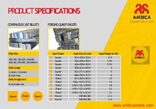 PRODUCTSPECIFICATIONS
CONTINUOUSCASTBILLETS
BilletSize
100x100,120x120,140x140,
160x160,200x200,220x250mm
BilletLength
2metres- 8metres
(8to26 feet)
BilletStraightness
8mm/metermax
FORGINGQUALITYINGOTS
IngotShape IngotSize(inmm) IngotWeight(inMT)
Square 254x305x1524 0.9
Square 356x406x1854 1.95
Square 406x508x1854 2.95
Square 508x610x1854 4
Square 533x711x1854 5
Fluted 686x762x1575 6
Fluted 813x965x1854 10
Fluted 965x1219x1753 14
Fluted 1067x1321x2058 18
Fluted 1067x1321x2490 22
Fluted 1067x1321x2210 21
Round 400Øx2300 2.2
Round 500Øx2300 3.4
Square RoundFluted
www.ambicasteels.com
 