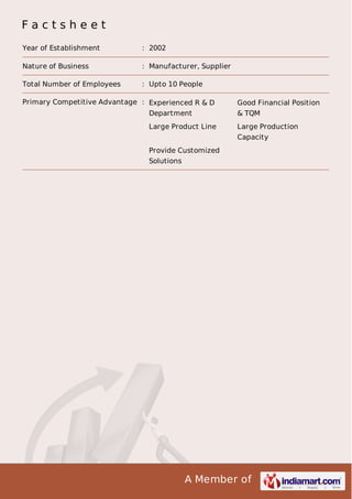 A Member of
F a c t s h e e t
Year of Establishment : 2002
Nature of Business : Manufacturer, Supplier
Total Number of Employees : Upto 10 People
Primary Competitive Advantage : Experienced R & D
Department
Good Financial Position
& TQM
Large Product Line Large Production
Capacity
Provide Customized
Solutions
 