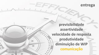 previsibilidade
assertividade
velocidade de resposta
produtividade
diminuição de WIP
comunicação
entrega
 