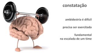 constatação
ambidestria é difícil
precisa ser exercitada
fundamental
na escalada de um time
 