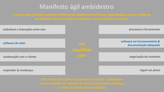 Manifesto ágil ambidestro
indivíduos e interações entre eles
software de valor
colaboração com o cliente
responder às mudanças
em
equilíbrio
com
processos e ferramentas
software em funcionamento &
documentação adequada
negociação de contratos
seguir um plano
Para tanto, precisamos reconhecer, entender e influenciar
nosso ambiente de trabalho de forma igualmente habilidosa
no trato da eficiência e da eficácia.
Estamos descobrindo maneiras melhores de desenvolver software entendendo o nosso ambiente
de trabalho como um sistema servindo a um propósito, buscando:
 