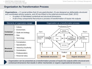6
Organization As Transformation Process
Contextual
dimensions
•  Culture;
•  Environment;
•  Goals and strategy;
•  Size;
•  Technology;
Structural
dimensions
•  Formalization;
•  Specialization;
•  Hierarchy of authority;
•  Centralization;
•  Professionalism;
•  Personnel ratios.
Elements of organization design
Organizations – (1) social entities that (2) are goal-directed, (3) are designed as deliberately structured
and coordinated activity systems, and (4) are linked to the external environment (Daft, 2012)
•  A system of interrelated contextual and structural dimensions
•  A set of key components that ensure a process of transformation of inputs into outputs
Organization as a transformation process
Mechanistic structures Organic structuresOR
Organization can be presented as a transformation process of inputs into outputs within structural and
contextual dimensions that results in either mechanistic or organic organizational structures
Tamam Guseinova, MSc in Strategic Management!  IDENTIFYING LITERATURE GAP:
Innovation and organization design
 
