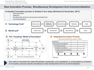 8
New Innovation Process: Simultaneous Development And Commercialization
①  Technology Push*
②  Market pull*
③  The “Coupling” Model of Innovation* ④  Integrated Innovation Process
Basic science
Design and
engineering Manufacturing Marketing Sales
Market need Development Manufacturing Sales
The need to reconcile the trade-off between exploration and exploitation is accentuated by evolution
of innovation process towards simultaneous idea development and its commercialization
*Rothwell, 1994
A standard innovation process is divided in four steps (Rohrbeck & Gemünden, 2011):
•  Idea generation;
•  Selection;
•  Development (product and process development);
•  Commercialization
Tamam Guseinova, MSc in Strategic Management!  IDENTIFYING LITERATURE GAP:
Innovation and organization design
 