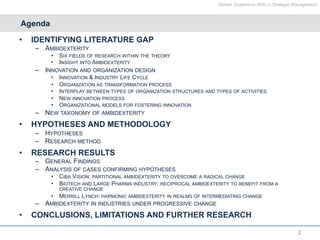 Agenda
•  IDENTIFYING LITERATURE GAP
–  AMBIDEXTERITY
•  SIX FIELDS OF RESEARCH WITHIN THE THEORY
•  INSIGHT INTO AMBIDEXT...
