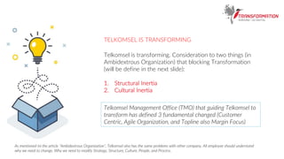 Telkomsel is transforming. Consideration to two things (in
Ambidextrous Organization) that blocking Transformation
(will be define in the next slide):
1. Structural Inertia
2. Cultural Inertia
Telkomsel Management Office (TMO) that guiding Telkomsel to
transform has defined 3 fundamental changed (Customer
Centric, Agile Organization, and Topline also Margin Focus)
As mentioned ini the article “Ambidextrous Organization”, Telkomsel also has the same problems with other company. All employee should understand
why we need to change. Why we need to modify Strategy, Structure, Culture, People, and Process.
TELKOMSEL IS TRANSFORMING
 