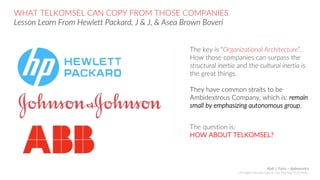 WHAT TELKOMSEL CAN COPY FROM THOSE COMPANIES
Lesson Learn From Hewlett Packard, J & J, & Asea Brown Boveri
The key is “Organizational Architecture”.
How those companies can surpass the
structural inertia and the cultural inertia is
the great things.
They have common straits to be
Ambidextrous Company, which is: remain
small by emphasizing autonomous group.
The question is:
HOW ABOUT TELKOMSEL?
Abdi J. Putra – @abepoetra
GM Digital Lifestyle Sales & Care Planning TELKOMSEL
 