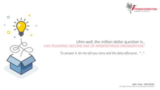 Uhm well, the million dollar question is..
CAN TELKOMSEL BECOME ONE OF AMBIDEXTROUS ORGANIZATION?
To answer it, let me tell you story and the data offcourse.. ^_^
Abdi J. Putra – 2401191031
GM Digital Lifestyle Sales & Care Planning TELKOMSEL
 