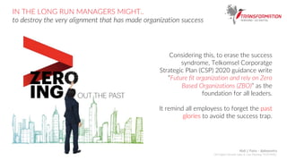 IN THE LONG RUN MANAGERS MIGHT..
to destroy the very alignment that has made organization success
Considering this, to erase the success
syndrome, Telkomsel Corporatge
Strategic Plan (CSP) 2020 guidance write
“Future fit organization and rely on Zero
Based Organizations (ZBO)” as the
foundation for all leaders.
It remind all employess to forget the past
glories to avoid the success trap.
Abdi J. Putra – @abepoetra
GM Digital Lifestyle Sales & Care Planning TELKOMSEL
 