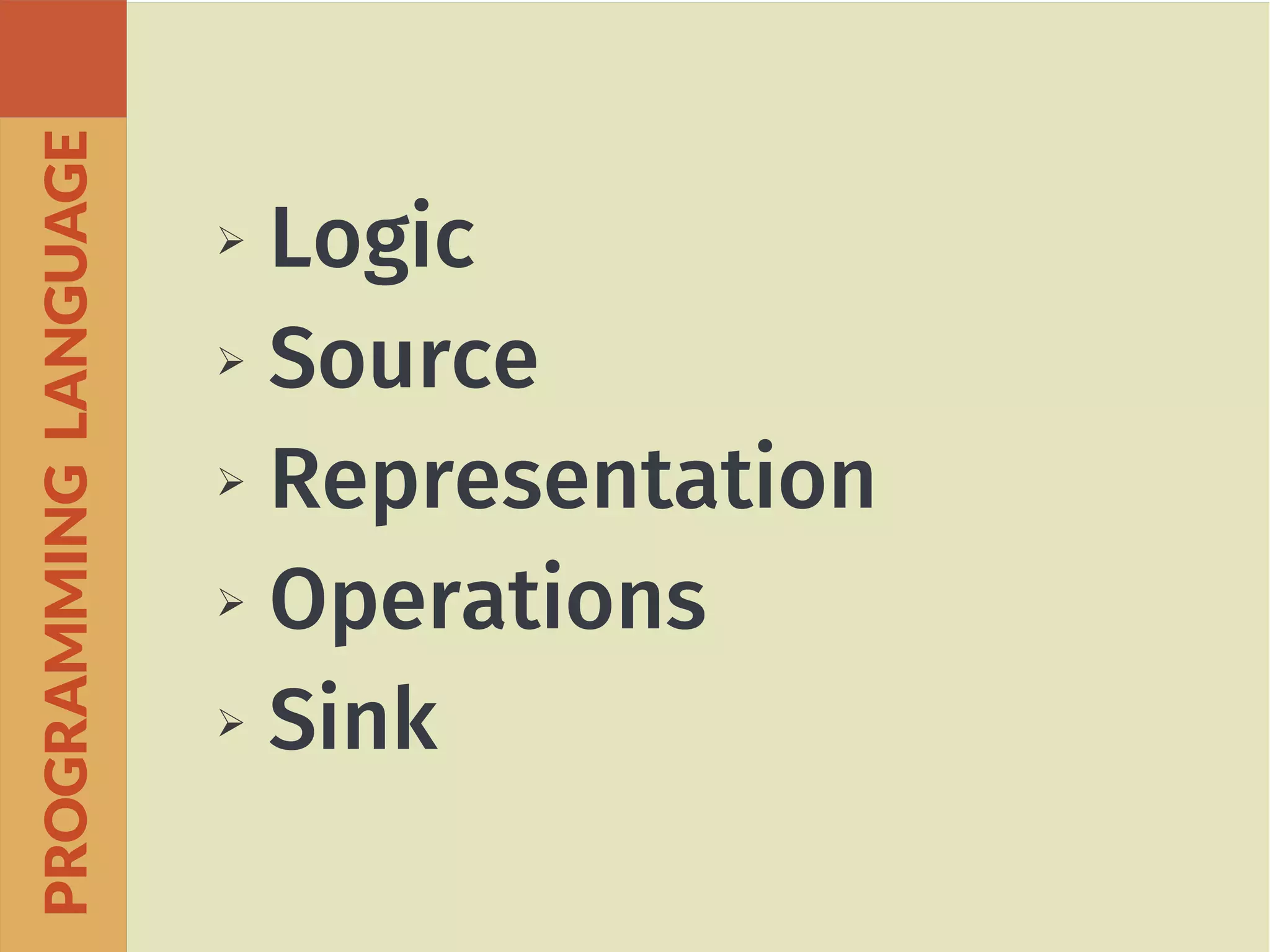 ➢ Logic
➢ Source
➢ Representation
➢ Operations
➢ Sink
PROGRAMMINGLANGUAGE
 