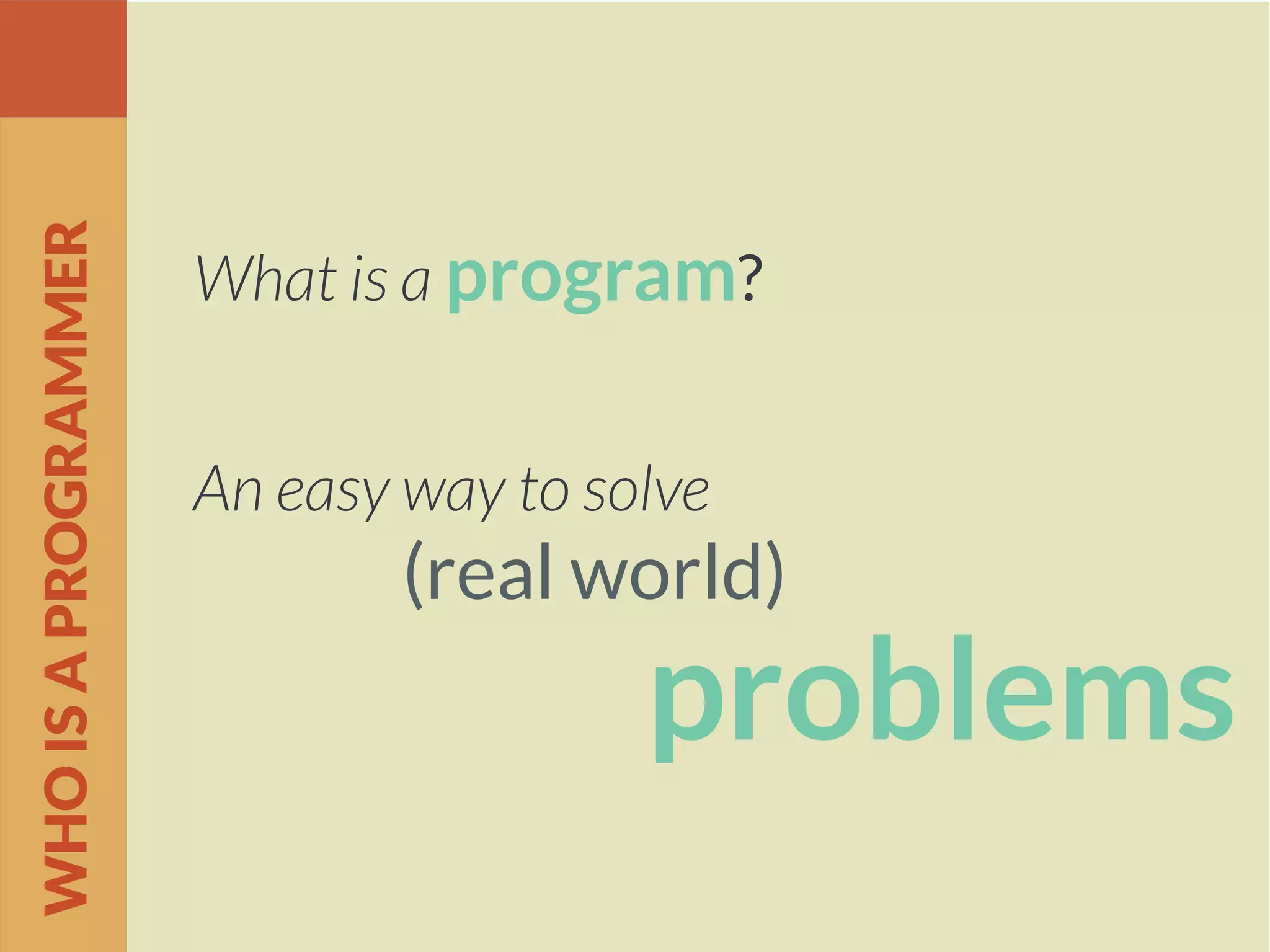 What is a program?
An easy way to solve
(real world)
problems
WHOISAPROGRAMMER
 