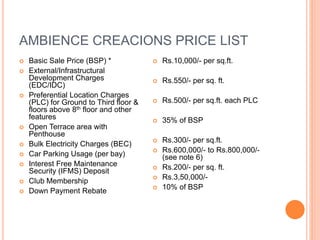 AMBIENCE CREACIONS PRICE LIST
 Basic Sale Price (BSP) *
 External/Infrastructural
Development Charges
(EDC/IDC)
 Preferential Location Charges
(PLC) for Ground to Third floor &
floors above 8th floor and other
features
 Open Terrace area with
Penthouse
 Bulk Electricity Charges (BEC)
 Car Parking Usage (per bay)
 Interest Free Maintenance
Security (IFMS) Deposit
 Club Membership
 Down Payment Rebate
 Rs.10,000/- per sq.ft.
 Rs.550/- per sq. ft.
 Rs.500/- per sq.ft. each PLC
 35% of BSP
 Rs.300/- per sq.ft.
 Rs.600,000/- to Rs.800,000/-
(see note 6)
 Rs.200/- per sq. ft.
 Rs.3,50,000/-
 10% of BSP
 