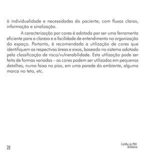 Cartilha da PNH
Ambiência28
à individualidade e necessidades do paciente, com fluxos claros,
informação e sinalização.
A caracterização por cores é adotada por ser uma ferramenta
eficiente para a clareza e a facilidade de entendimento na organização
do espaço. Portanto, é recomendada a utilização de cores que
identifiquem as respectivas áreas e eixos, baseado no sistema adotado
pela classificação de risco/vulnerabilidade. Esta utilização pode ser
feita de formas variadas – as cores podem ser utilizadas em pequenos
detalhes, numa faixa no piso, em uma parede do ambiente, alguma
marca no teto, etc.
 