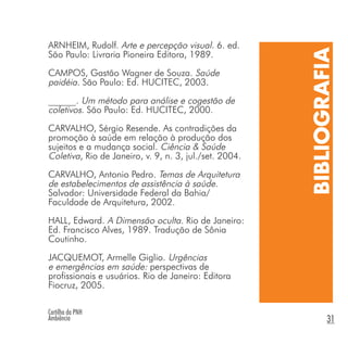 Cartilha da PNH
Ambiência 31
BIBLIOGRAFIA
ARNHEIM, Rudolf. Arte e percepção visual. 6. ed.
São Paulo: Livraria Pioneira Editora, 1989.
CAMPOS, Gastão Wagner de Souza. Saúde
paidéia. São Paulo: Ed. HUCITEC, 2003.
______. Um método para análise e cogestão de
coletivos. São Paulo: Ed. HUCITEC, 2000.
CARVALHO, Sérgio Resende. As contradições da
promoção à saúde em relação à produção dos
sujeitos e a mudança social. Ciência & Saúde
Coletiva, Rio de Janeiro, v. 9, n. 3, jul./set. 2004.
CARVALHO, Antonio Pedro. Temas de Arquitetura
de estabelecimentos de assistência à saúde.
Salvador: Universidade Federal da Bahia/
Faculdade de Arquitetura, 2002.
HALL, Edward. A Dimensão oculta. Rio de Janeiro:
Ed. Francisco Alves, 1989. Tradução de Sônia
Coutinho.
JACQUEMOT, Armelle Giglio. Urgências
e emergências em saúde: perspectivas de
profissionais e usuários. Rio de Janeiro: Editora
Fiocruz, 2005.
 