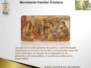 Movimiento Familiar Cristiano




«La paz no es sólo ausencia de guerra; y ésta no puede
alcanzarse en la tierra sin la libre comunicación entre los
seres humanos, el respeto de la dignidad de las
personas y de los pueblos, y la práctica asidua de la
fraternidad».


                          “La familia, comunidad de amor, vida y esperanza”.
 