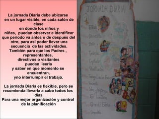 La jornada Diaria debe ubicarse  en un lugar visible, en cada salón de clase  en donde los niños y  niñas,  puedan observar e identificar que periodo va antes o de después del otro, para así poder llevar una secuencia  de las actividades. También para que los Padres ,  representantes,  directivos o visitantes puedan  leerla y saber en que momento se  encuentran, yno interrumpir el trabajo. La jornada Diaria es flexible, pero se recomienda llevarla a cabo todos los  días Para una mejor organización y control  de la planificación 