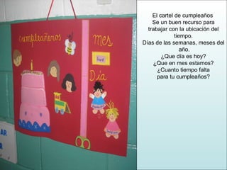 El cartel de cumpleaños  Se un buen recurso para trabajar con la ubicación del tiempo. Días de las semanas, meses del año. ¿Que día es hoy? ¿Que en mes estamos? ¿Cuanto tiempo falta para tu cumpleaños? 