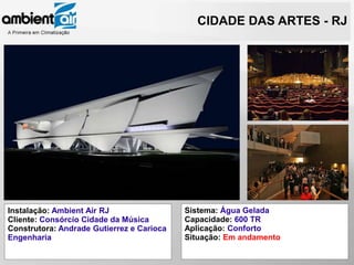 CIDADE DAS ARTES - RJ




Instalação: Ambient Air RJ                 Sistema: Água Gelada
Cliente: Consórcio Cidade da Música        Capacidade: 600 TR
Construtora: Andrade Gutierrez e Carioca   Aplicação: Conforto
Engenharia                                 Situação: Em andamento
 