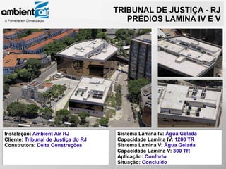 TRIBUNAL DE JUSTIÇA - RJ
                                        PRÉDIOS LAMINA IV E V




Instalação: Ambient Air RJ           Sistema Lamina IV: Água Gelada
Cliente: Tribunal de Justiça do RJ   Capacidade Lamina IV: 1200 TR
Construtora: Delta Construções       Sistema Lamina V: Água Gelada
                                     Capacidade Lamina V: 300 TR
                                     Aplicação: Conforto
                                     Situação: Concluído
 