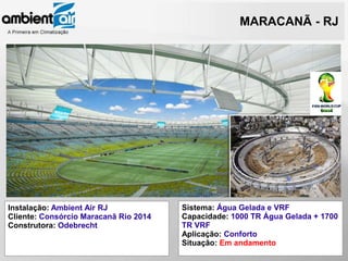 MARACANÃ - RJ




Instalação: Ambient Air RJ             Sistema: Água Gelada e VRF
Cliente: Consórcio Maracanã Rio 2014   Capacidade: 1000 TR Água Gelada + 1700
Construtora: Odebrecht                 TR VRF
                                       Aplicação: Conforto
                                       Situação: Em andamento
 