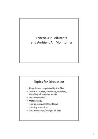 Criteria Air Pollutants
and Ambient Air Monitoring

Topics for Discussion
• Air pollutants regulated by the EPA
• Ozone – sources, chemistry, standard,
sampling, air monitor works
• Instrumentation
• Meteorology
• How data is collected/stored
• Locating a monitor
• Documentation/Analysis of data

1

 