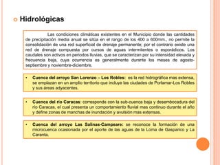  Hidrológicas
Las condiciones climáticas existentes en el Municipio donde las cantidades
de precipitación media anual se sitúa en el rango de los 400 a 600mm., no permite la
consolidación de una red superficial de drenaje permanente; por el contrario existe una
red de drenaje compuesta por cursos de aguas intermitentes o esporádicos. Los
caudales son activos en periodos lluvias, que se caracterizan por su intensidad elevada y
frecuencia baja, cuya ocurrencia es generalmente durante los meses de agosto-
septiembre y noviembre-diciembre.
• Cuenca del arroyo San Lorenzo – Los Robles: es la red hidrográfica mas extensa,
se emplazan en un amplio territorio que incluye las ciudades de Porlamar-Los Robles
y sus áreas adyacentes.
• Cuenca del río Caracas: corresponde con la sub-cuenca baja y desembocadura del
río Caracas, el cual presenta un comportamiento fluvial mas continuo durante el año
y define zonas de manchas de inundación y avulsión mas extensas.
• Cuenca del arroyo Las Salinas-Campeare: se reconoce la formación de una
microcuenca ocasionada por el aporte de las aguas de la Loma de Gasparico y La
Caranta.
 