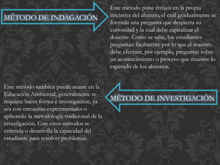 MÉTODO DE INDAGACIÓN 
Este método pone énfasis en la propia 
iniciativa del alumno, el cuál gradualmente se 
formula una pregunta que despierta su 
curiosidad y la cual debe capitalizar el 
docente. Como se sabe, los estudiantes 
preguntan fácilmente por lo que el maestro 
debe efectuar, por ejemplo, preguntas sobre 
un acontecimiento o proceso que muestre lo 
esperado de los alumnos. 
MÉTODO DE INVESTIGACIÓN 
Este método también puede usarse en la 
Educación Ambiental, generalmente se 
requiere hacer forma e investigación, ya 
sea con encuestas experimentales o 
aplicando la metodología tradicional de la 
investigación. Con estos métodos se 
estimula o desarrolla la capacidad del 
estudiante para resolver problemas. 
 