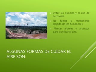 ALGUNAS FORMAS DE CUIDAR EL
AIRE SON:
 Evitar las quemas y el uso de
aerosoles.
 No fumar y mantenerse
alejado de los fumadores.
 Plantar árboles y arbustos
para purificar el aire.
 