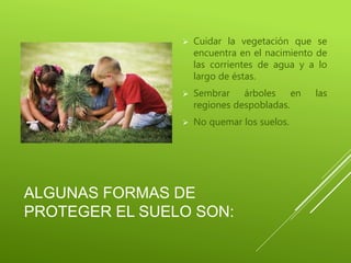 ALGUNAS FORMAS DE
PROTEGER EL SUELO SON:
 Cuidar la vegetación que se
encuentra en el nacimiento de
las corrientes de agua y a lo
largo de éstas.
 Sembrar árboles en las
regiones despobladas.
 No quemar los suelos.
 