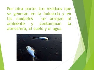 Por otra parte, los residuos que
se generan en la industria y en
las ciudades se arrojan al
ambiente y contaminan la
atmósfera, el suelo y el agua
 