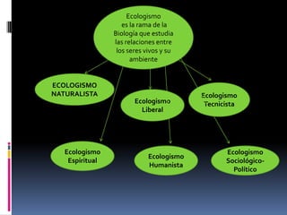 Ecologismo
                    es la rama de la
                 Biología que estudia
                 las relaciones entre
                  los seres vivos y su
                       ambiente


ECOLOGISMO
NATURALISTA                               Ecologismo
                        Ecologismo         Tecnicista
                          Liberal




   Ecologismo                                    Ecologismo
                             Ecologismo
    Espiritual                                   Sociológico-
                             Humanista
                                                   Político
 