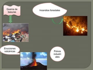 Quema de   Incendios forestales
   basuras




Erucciones
volcánicas                 Polvos
                          industri
                            ales
 