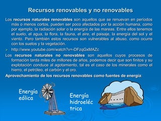 Recursos renovables y no renovables
Los recursos naturales renovables son aquellos que se renuevan en períodos
   más o menos cortos, pueden ser poco afectados por la acción humana, como
   por ejemplo, la radiación solar o la energía de las mareas. Entre ellos tenemos
   el suelo, el agua, la flora, la fauna, el aire, el paisaje, la energía del sol y el
   viento. Pero también estos recursos son vulnerables al abuso, como ocurre
   con los suelos y la vegetación.
 http://www.youtube.com/watch?v=-DFzqGxMAZc
Los recursos naturales no renovables son aquellos cuyos procesos de
   formación tarda miles de millones de años, podemos decir que son finitos y su
   explotación conduce al agotamiento, tal es el caso de los minerales como el
   hierro, el petróleo, el carbón y el oro.
Aprovechamiento de los recursos renovables como fuentes de energía:



       Energía
       eólica                        Energía
                                     hidroeléc
                                     trica
 